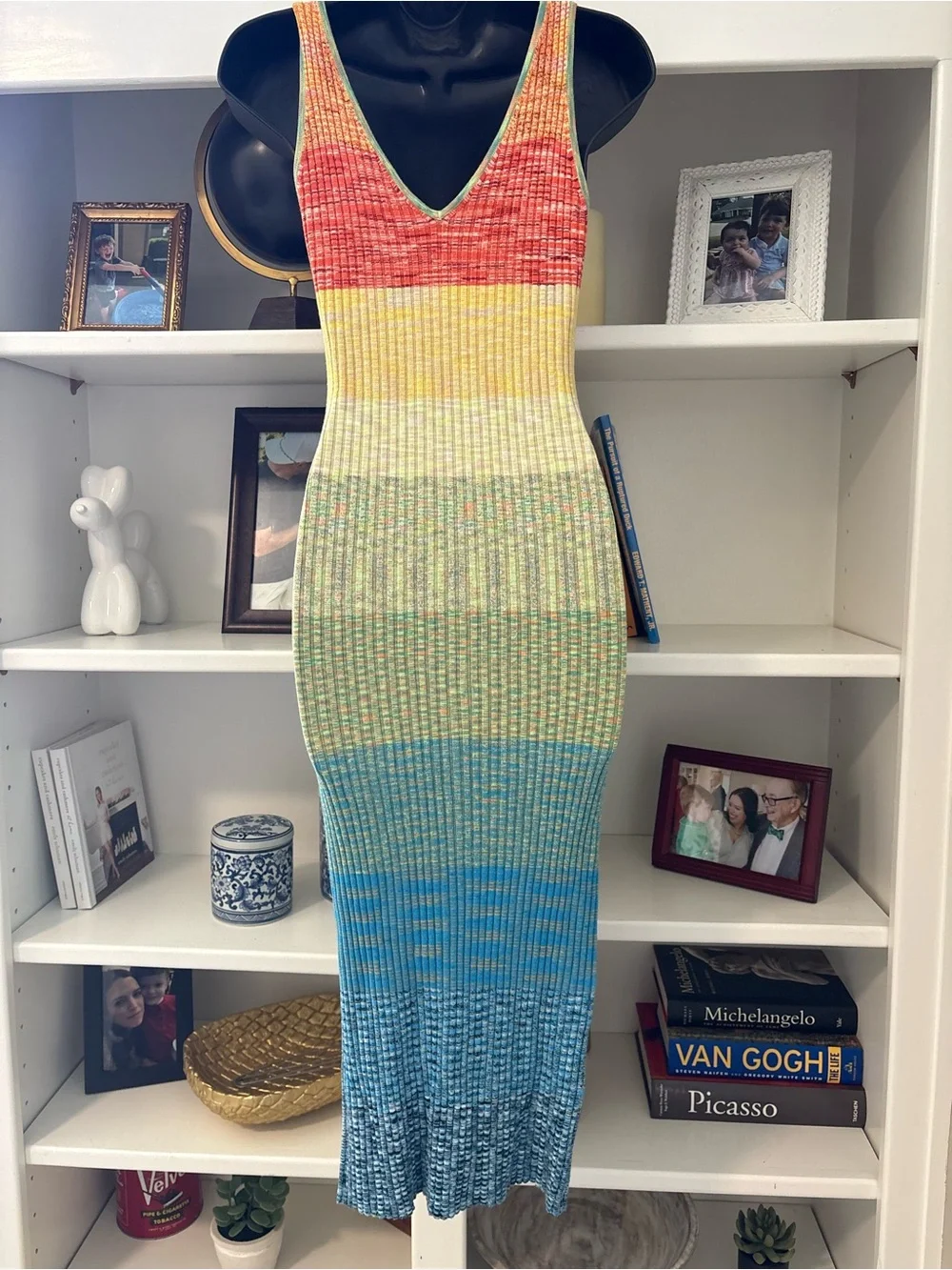STAUD Multicolor Gradient Stripe Knit Midi Dress — Yellow, Green, Blue - Picture 3 of 4